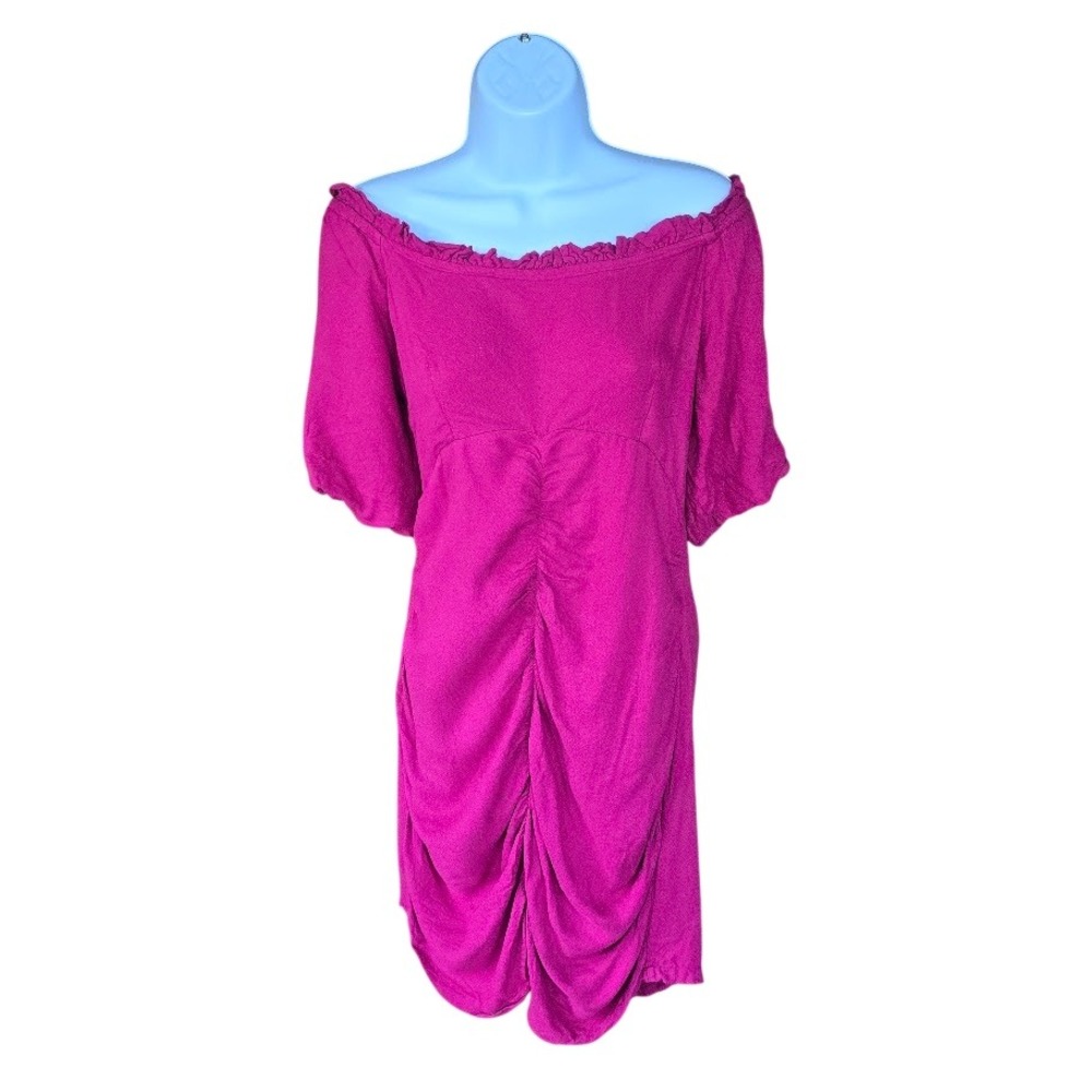 Urban Outfitters Ruched Mini Dress 8 Fuchsia Off Shoulder Puff Sleeve Barbiecore